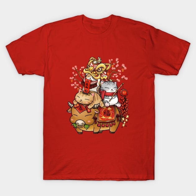 Chinese New Year Cats on Ox T-Shirt by Takeda_Art